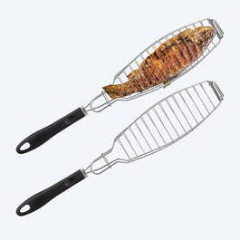 Relaxdays Fischbräter 2er Set, Edelstahl, Gummigriff, 58,5 cm lang, Fischhalter zum Grillen, Grillkorb Fisch, Silber