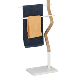 Relaxdays Handtuchhalter, 2 Stangen, Holz & Metall, weiß/Natur, 1 Stück