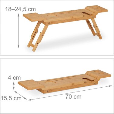 Relaxdays Badewannenablage Bambus, 70cm breit, Badetablett für Glas, Handy, Tablet, Badewannenbrett zum Einhängen, Natur