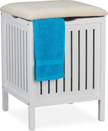 Relaxdays Wäschekorb mit Sitz, Landhausstil, 40 l, Holz & Stoff, Badhocker, 55x41x41 cm, weiß