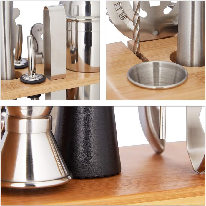 Relaxdays 9-tlg. Cocktail Set, Profi Barkeeper Set mit Ständer, Shaker, Barmaß, Ausgießer, Eiszange