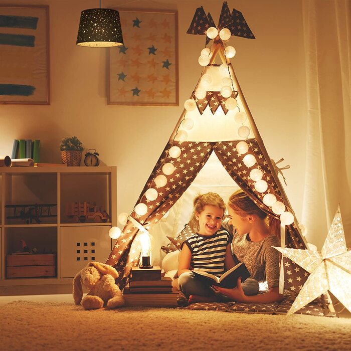 Relaxdays Kinderzimmerlampe Sterne, hängende Schirmlampe für Mädchen, Sternenhimmel Motiv, E27, runder Stoffschirm,  122 x 27 x 27 cm (Rot)