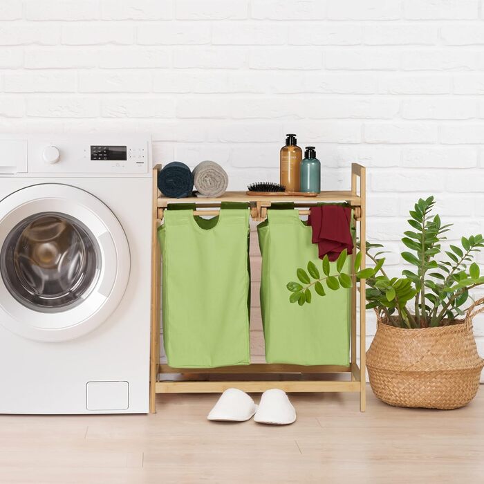 Relaxdays Bambus Wäschekorb, 2 Fächer, ausziehbar, 60L, Natur
