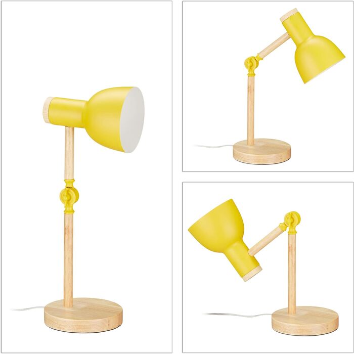 Relaxdays Retro Schreibtischlampe, verstellbar, Holz & Metall, E14, 45,5x14,5 cm, Gelb