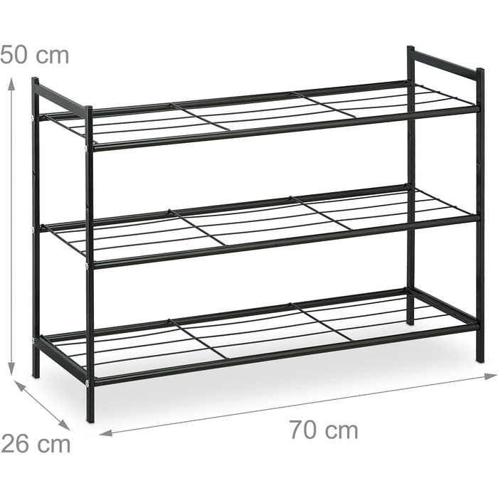 Relaxdays Metall Schuhregal, 3 Ebenen, erweiterbar, Flur Schuhgestell HBT 50 x 70 x 26 cm, 9 Paar Schuhe, offen, (Schwarz)