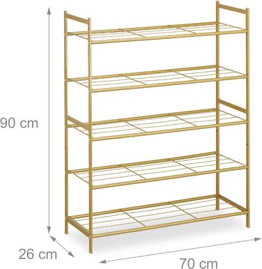 Relaxdays Schuhregal, Metall, 5 Ebenen, stapelbar, erweiterbar, HBT: 90x70x26cm, 15 Paar Schuhe, (Gold)