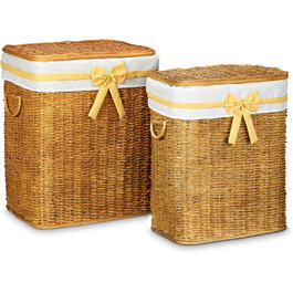 Relaxdays 2er Set geflochtene Buri Wäschetruhe, stapelbar, mit herausnehmbarem Wäschesack, 67 L, Honigbraun