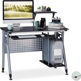 Relaxdays Computertisch, Glas, Tastaturauszug, Fach für Rechner, HBT 98x105x55 cm, modern, Schwarz