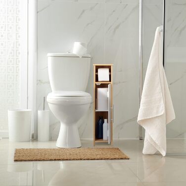 Relaxdays Toilettenpapierhalter stehend, Badezimmeregal HBT: 71x18x20 cm, MDF & Bambus, WC Papier Schrank, braun/weiß