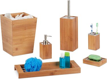 Relaxdays Bad Set, 6-teilig, Bambus, Seifenspender, Seifenhalter, Bürstenhalter, Zahnputzbecher, Ablage, Badeimer, natur