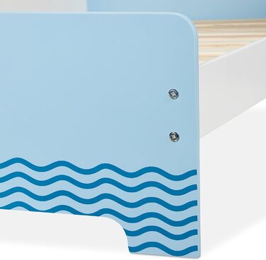 Relaxdays Kinderbett mit Rausfallschutz, HBT: 60x77x143 cm, Lattenrost, Kleinkindbett mit Seefahrt-Motiv, MDF, blau/weiß