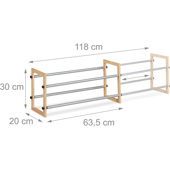 Relaxdays Schuhregal ausziehbar, offener Schuhständer mit 2 Ebenen, Holz & Eisen, erweiterbar bis 118 cm Breite, Natur 2 Etagen