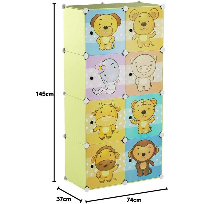 Relaxdays Kinderregal mit Tiermotiv, Kunststoff Steckregal m. Türen, Kinderzimmer Kleiderschrank m. Kleiderstange, bunt, 37 x 74 x 145 cm