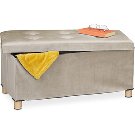 Relaxdays Sitzbank mit Stauraum, Samt, Holzfüße, bis 120 kg, faltbar, 34x76x38 cm, Creme
