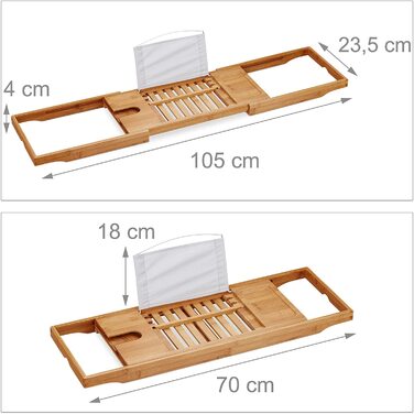 Relaxdays XL Badewannenablage, mit Buchstütze & für Tablet, Luxus Badewannenbrett, Bambus, ausziehbar 70-105 cm, Natur, 1 Stü
